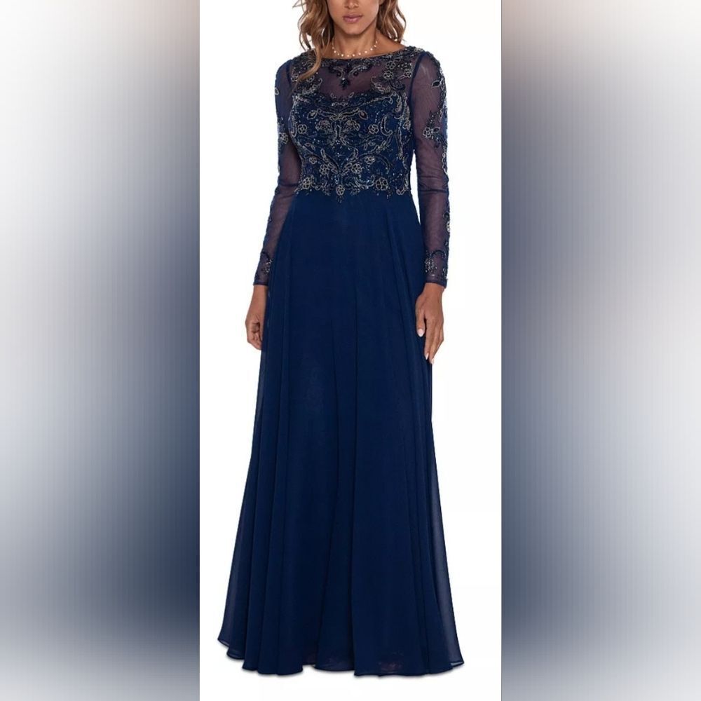 XSCAPE "Mason"  4796X Beaded Fit & Flare Gown NWT Size 8 Navy Blue
